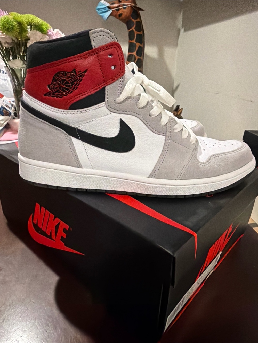 Air Jordan 1 High-Top Sneakers in White, Smoke Gray, Black & Red - Picture 4 of 7